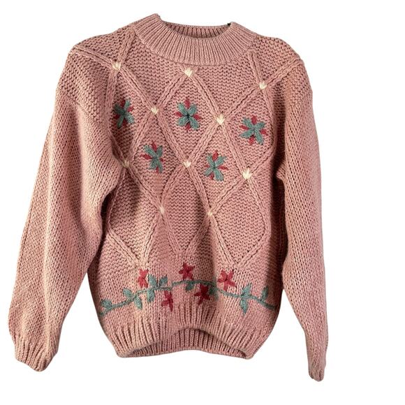 VTG Shenanigans Knitted By Hand Vintage Pink Embroidered Floral Ramie Sweater M - Picture 1 of 6